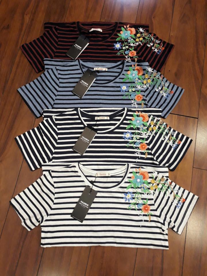 Áo thun sọc cotton thêu hoa xinh xắn
