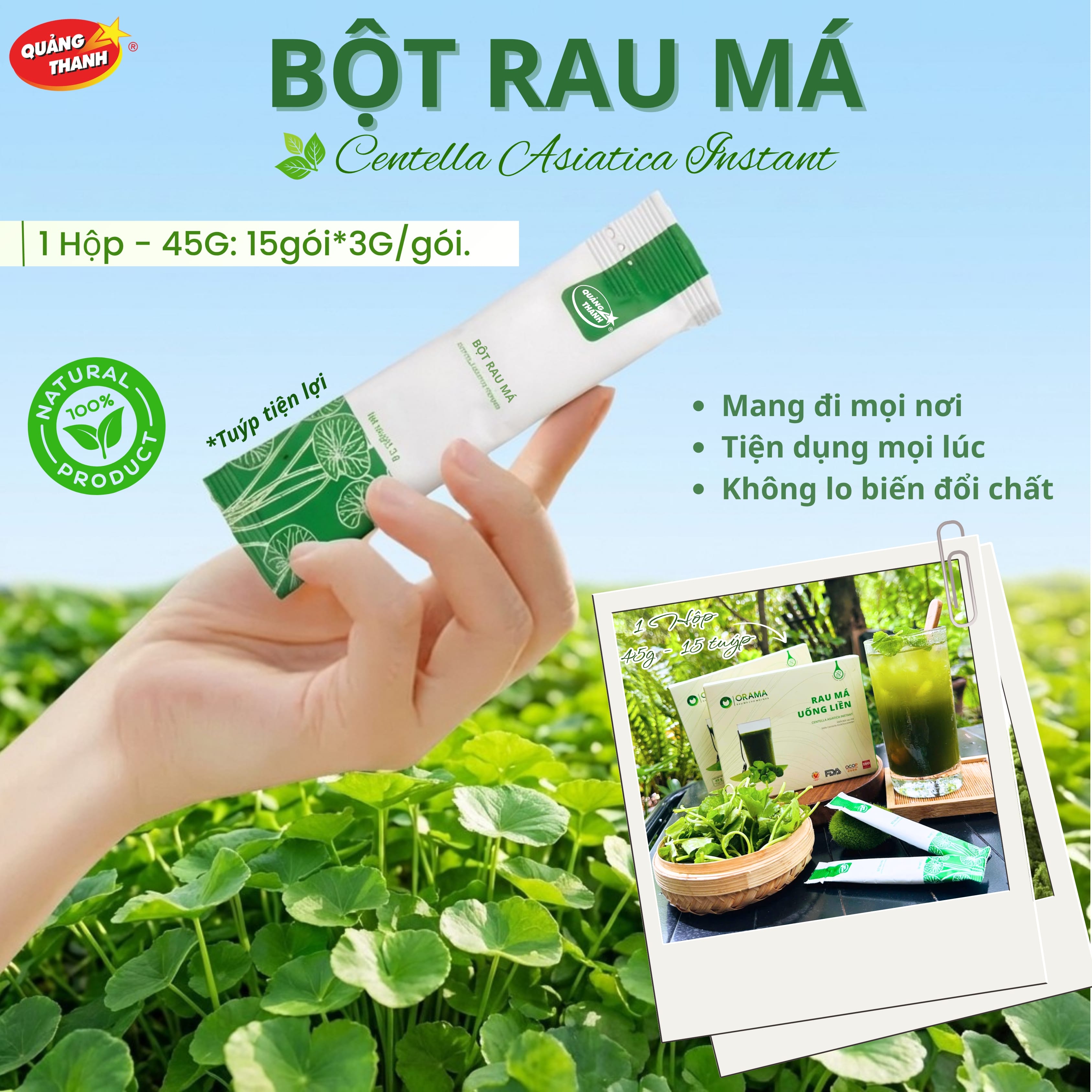 Rau Má Uống Liền Không Đường - Hộp 45g (15 Gói x 3g)