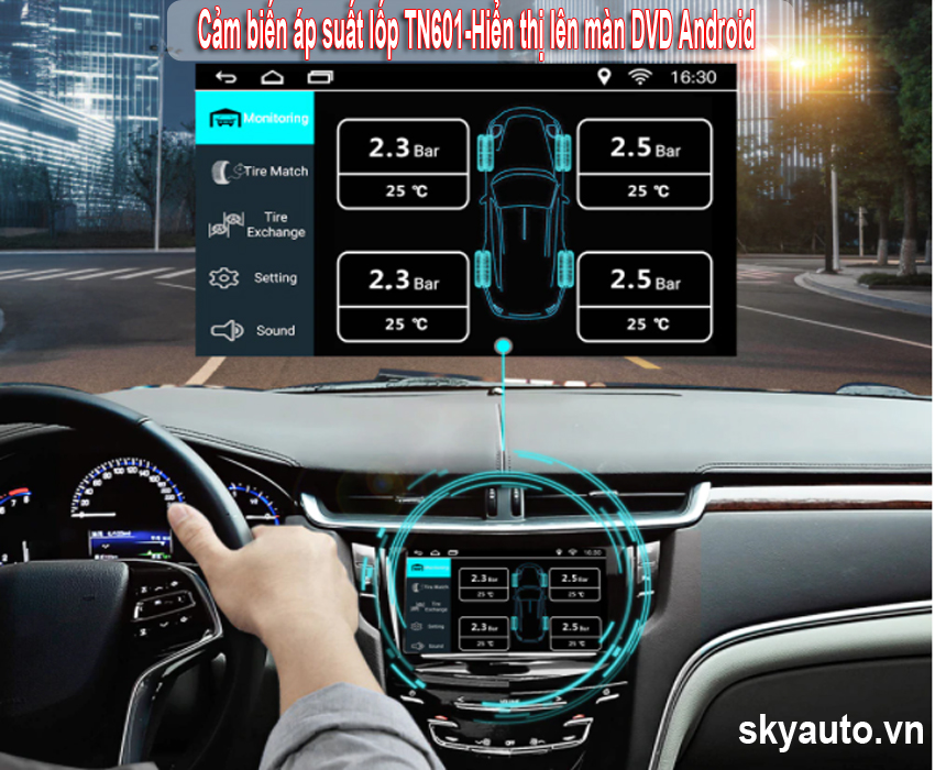 Cảm biến áp suất lốp hiển thị lên màn hình DVD android TN601- Skyauto