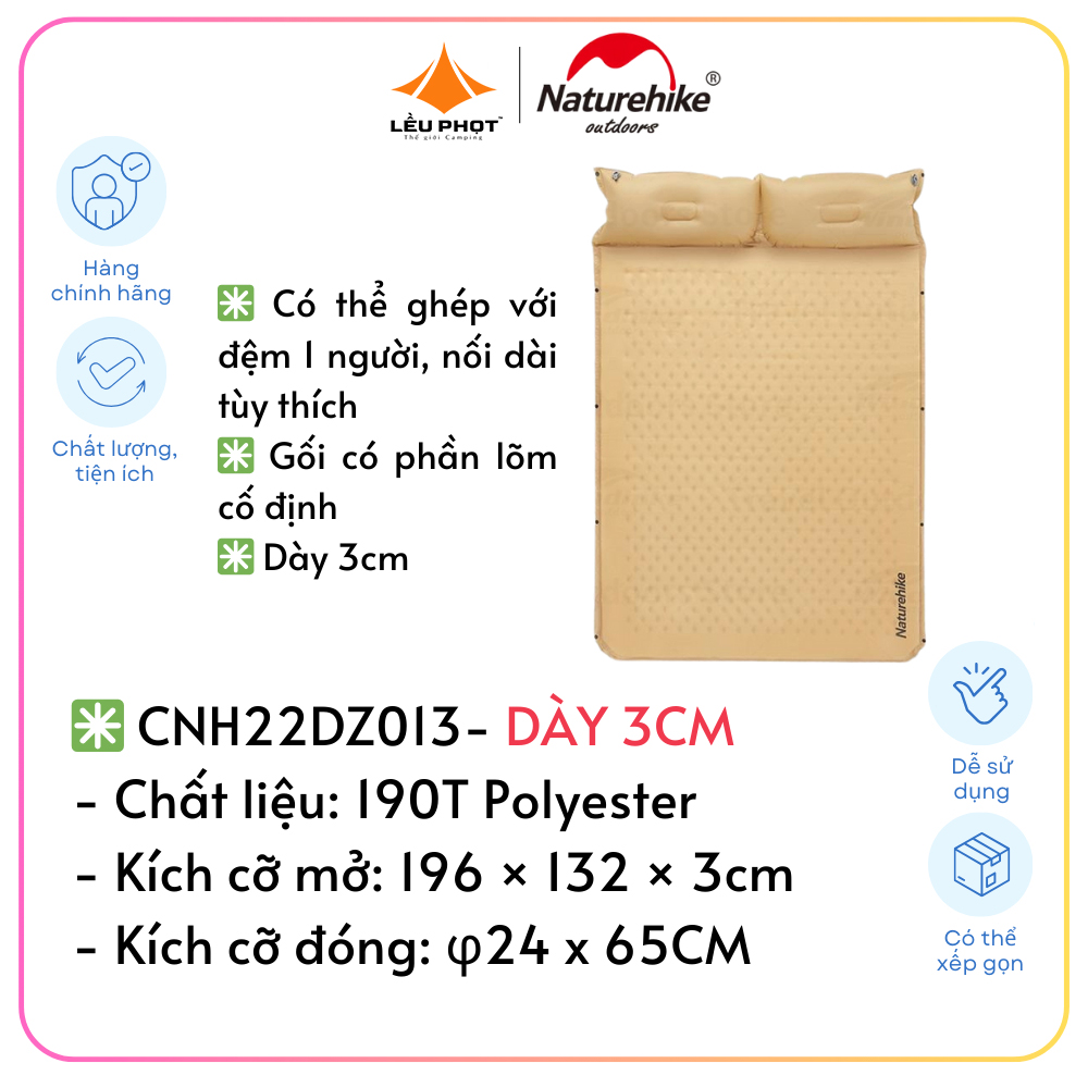 ĐỆM HAI NGƯỜI TỰ BƠM KÈM GỐI NATUREHIKE NH18Q010-D VÀCNH22DZ013