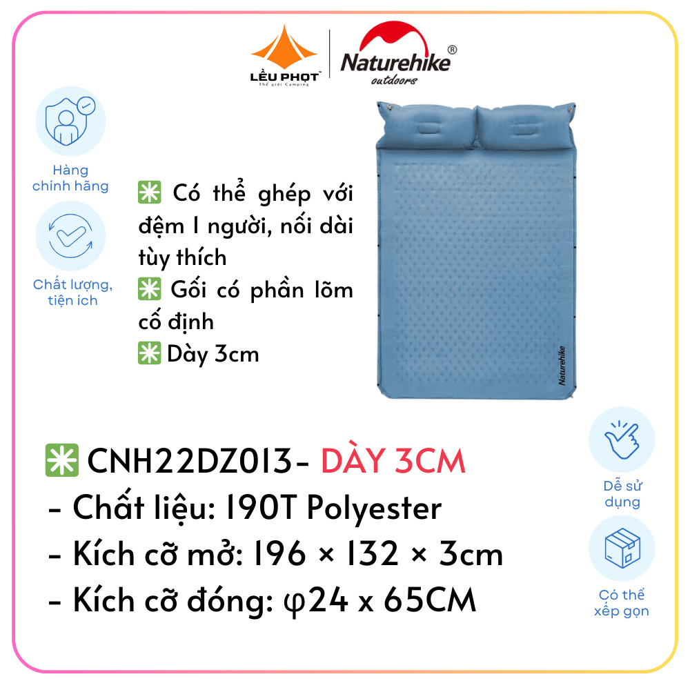 ĐỆM HAI NGƯỜI TỰ BƠM KÈM GỐI NATUREHIKE NH18Q010-D VÀCNH22DZ013