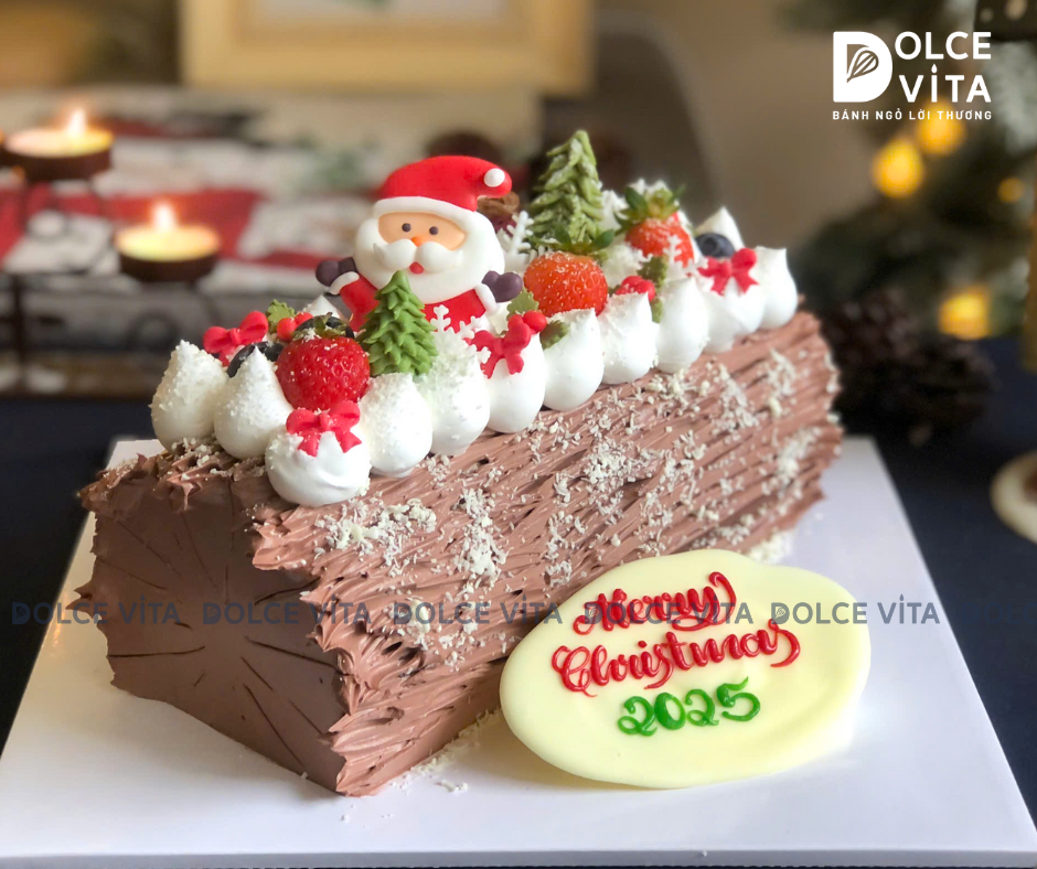 C044 Bánh khúc cây (Yule Log Cake for Christmas) trang trí ông già Noel