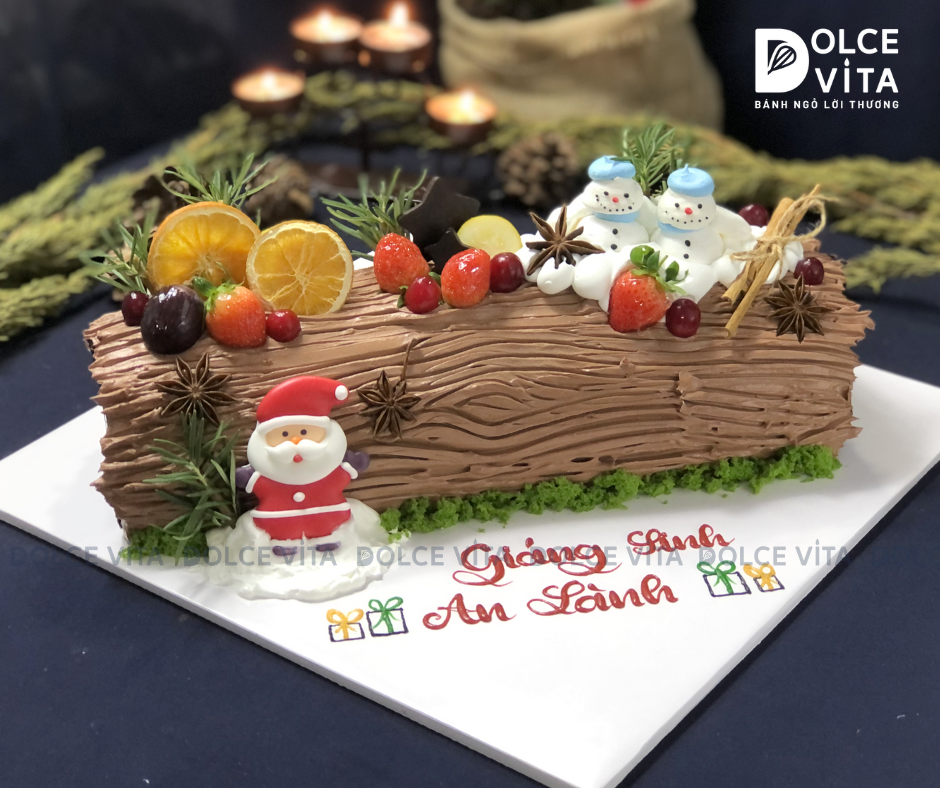 C046 Bánh khúc cây (Yule Log Cake for Christmas) trang trí cookie cây thông, người tuyết