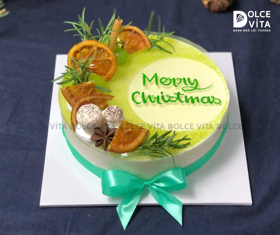 N102 Bánh Green Tea Lemon Mousse trang trí chủ đề Giáng sinh 2025