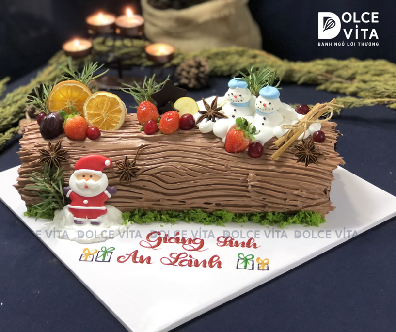 C046 Bánh khúc cây (Yule Log Cake for Christmas) trang trí cookie cây thông, người tuyết