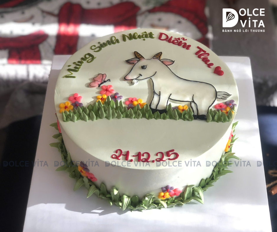 [1223] (80) Bánh kem vẽ hình chú dê – Món quà đáng yêu cho bé tuổi Mùi