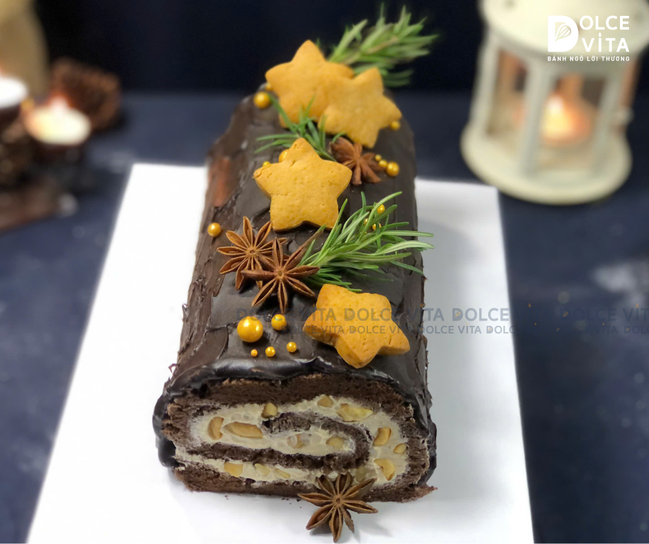 M037 Bánh khúc cây (Yule Log Cake for Christmas) trang trí bánh quy gừng - Mùa lành 2025