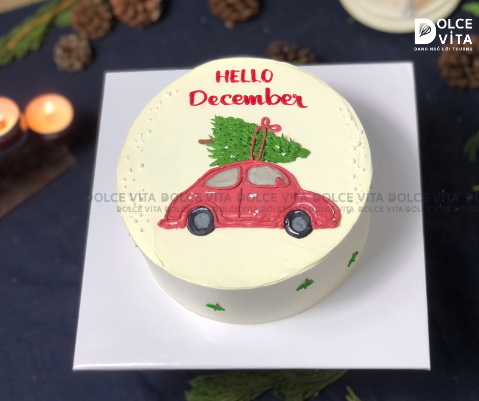 TD013 (50) Bánh giáng sinh/ Noel/ Christmas cake) vẽ chiếc xe chở cây thông