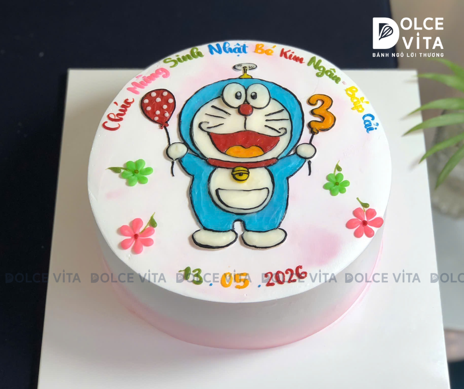 [249] (80) Bánh kem vẽ Doremon/ Doraemon nền hồng cho bé gái