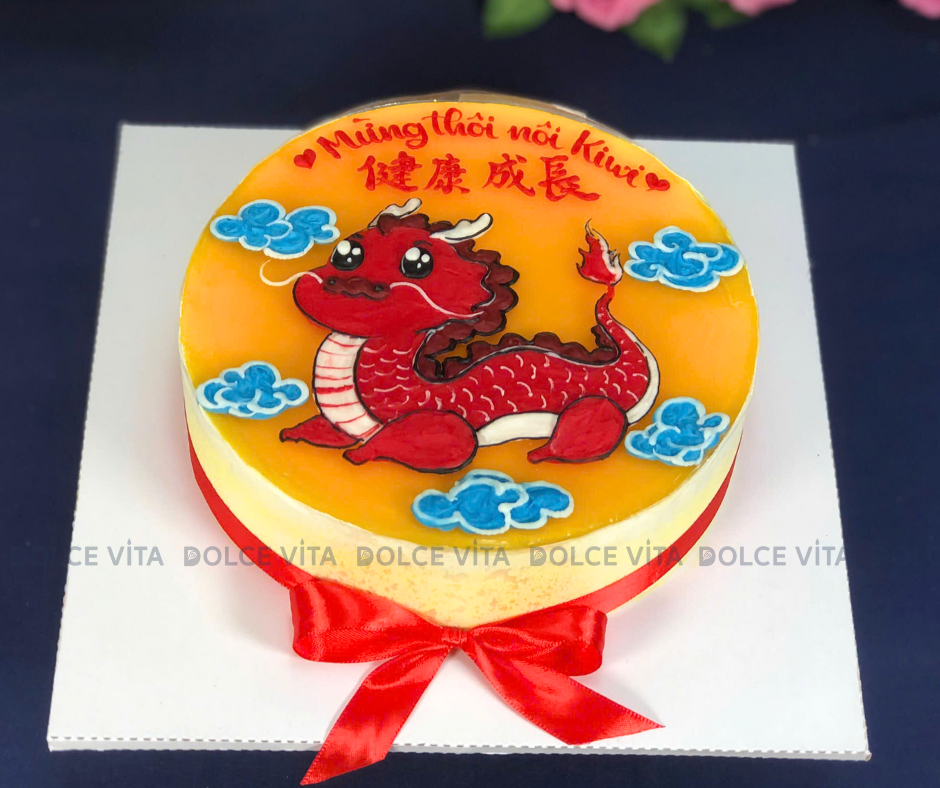 1868 (80) Bánh mousse chanh dây vẽ hình chú rồng cho sinh nhật tuổi Thìn