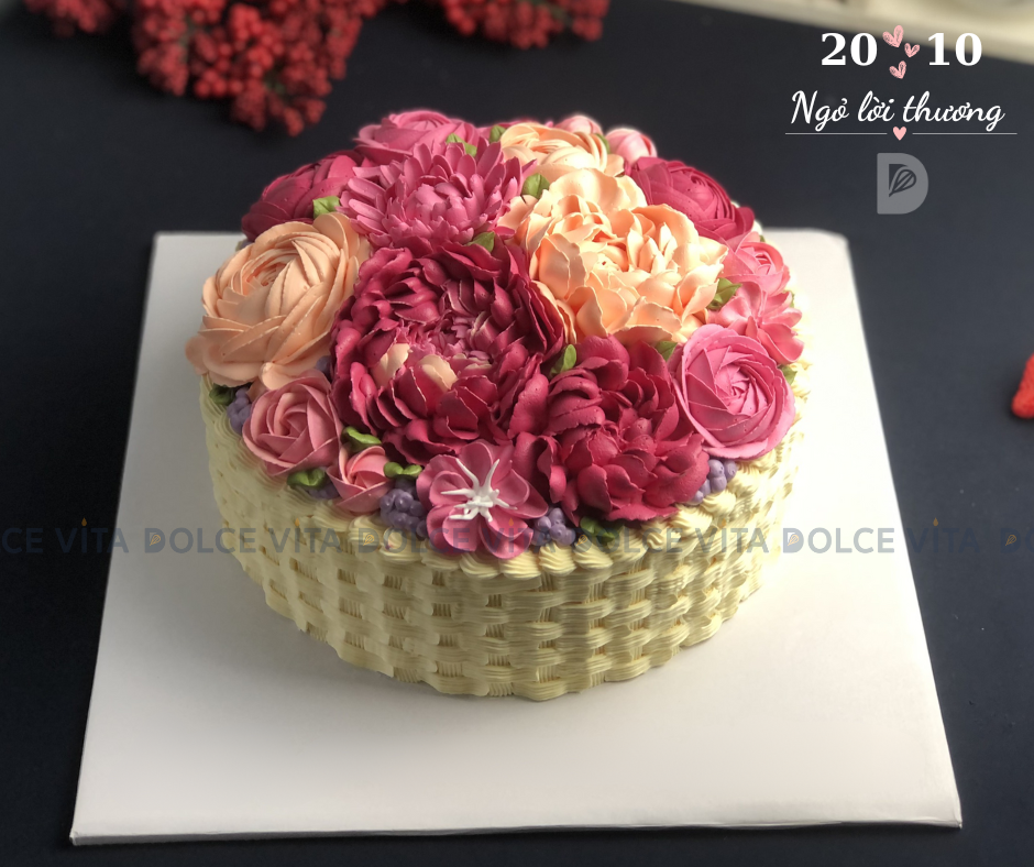 [20/10] (M120-180) Bánh giỏ hoa tông hồng