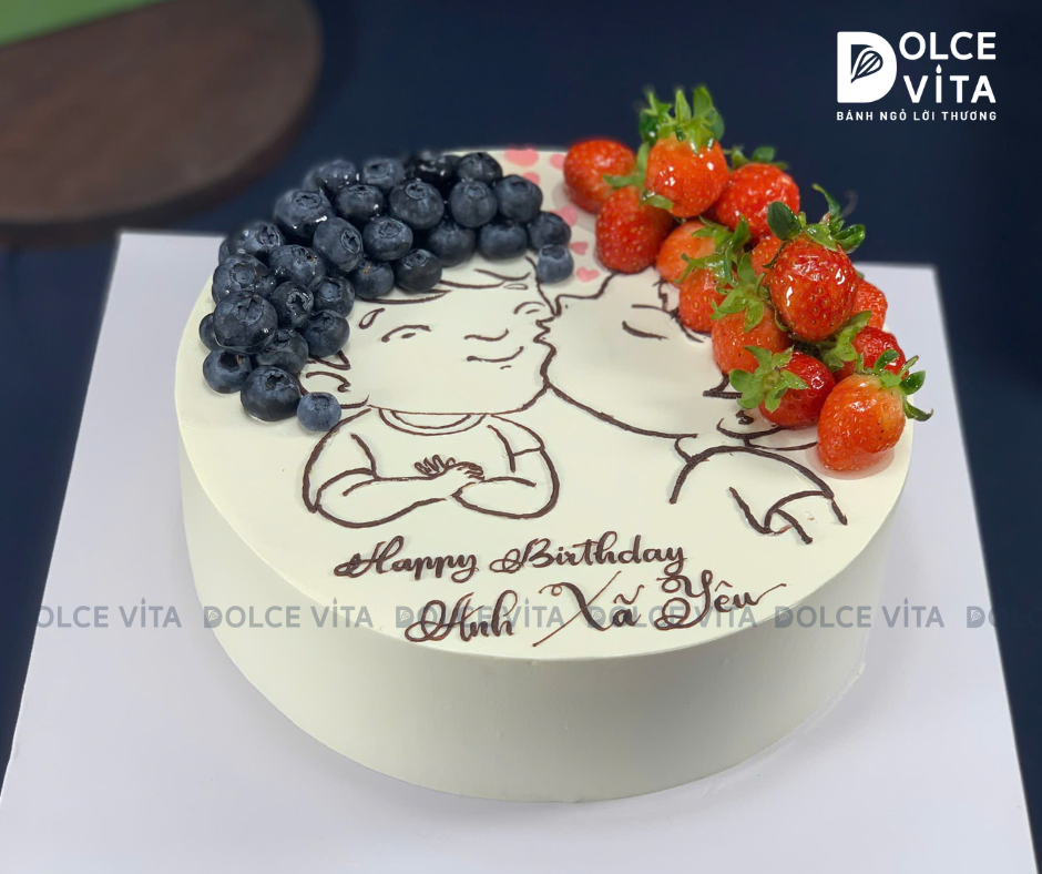 [3173] (180) Bánh Kem Vẽ Cặp Đôi Mix Dâu Tây & Việt Quất Tươi Mát
