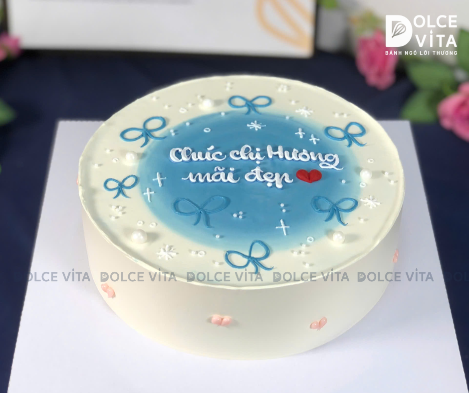 [1983] Bánh phong cách tối giản vẽ nơ tone xanh