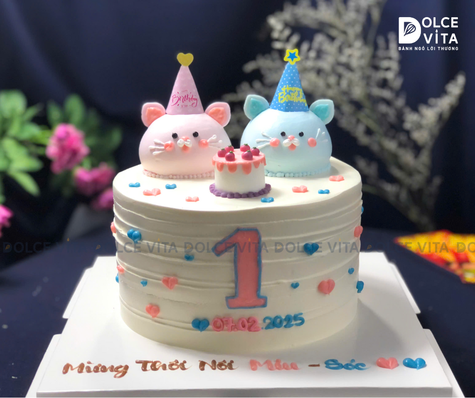 [1133] Bánh sinh nhật tạo hình chú mèo cho bé sinh đôi tuổi Mão (250)