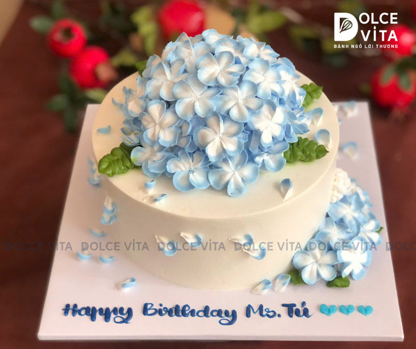 [2859] (70-90-130) Bánh kem hoa cẩm tú cầu xanh - sang trọng và thanh lịch