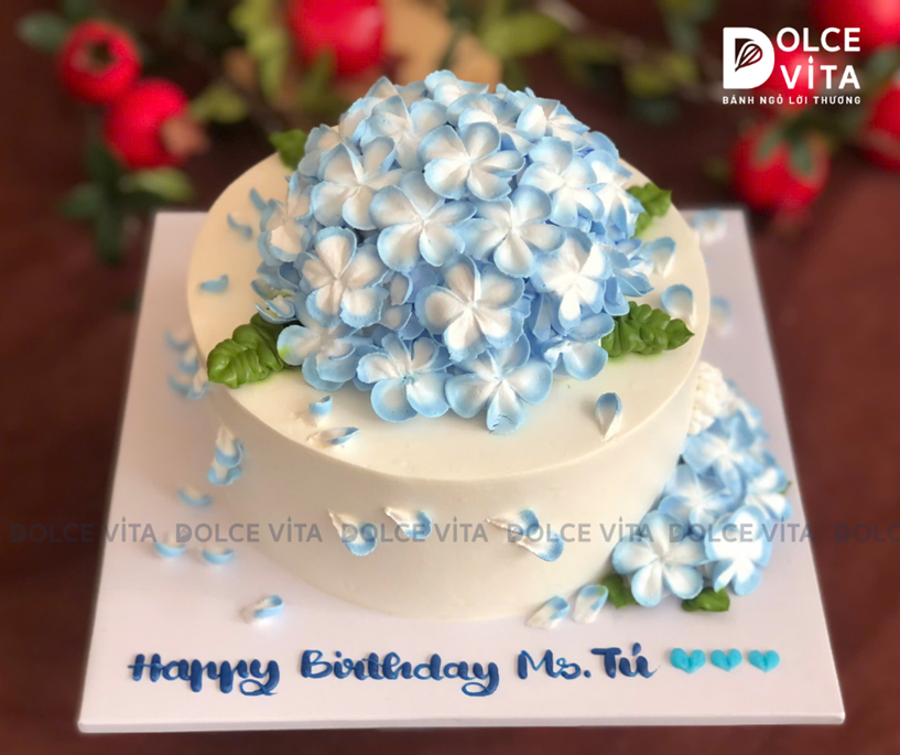 [2859] (70-90-130) Bánh kem hoa cẩm tú cầu xanh - sang trọng và thanh lịch