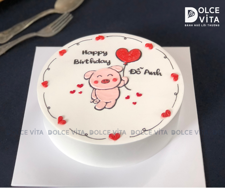 367 (40) Bánh vẽ bé heo cầm bóng bay hình trái tim