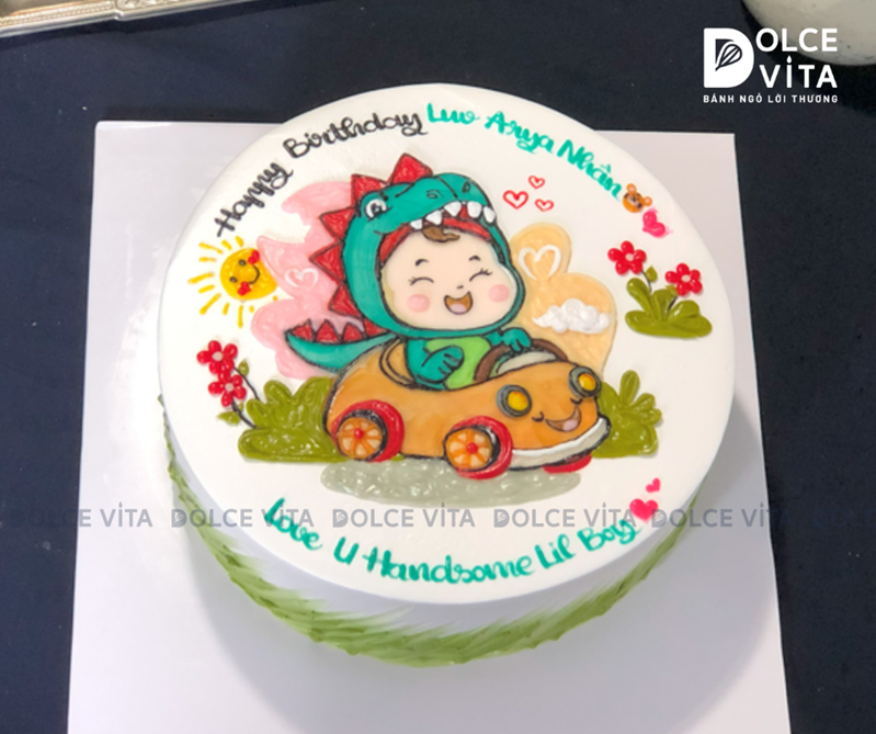 [366] (90) Bánh Kem Vẽ Em Bé Đi Ô Tô – Mặc Đồ Khủng Long – Tươi Sáng & Đáng Yêu