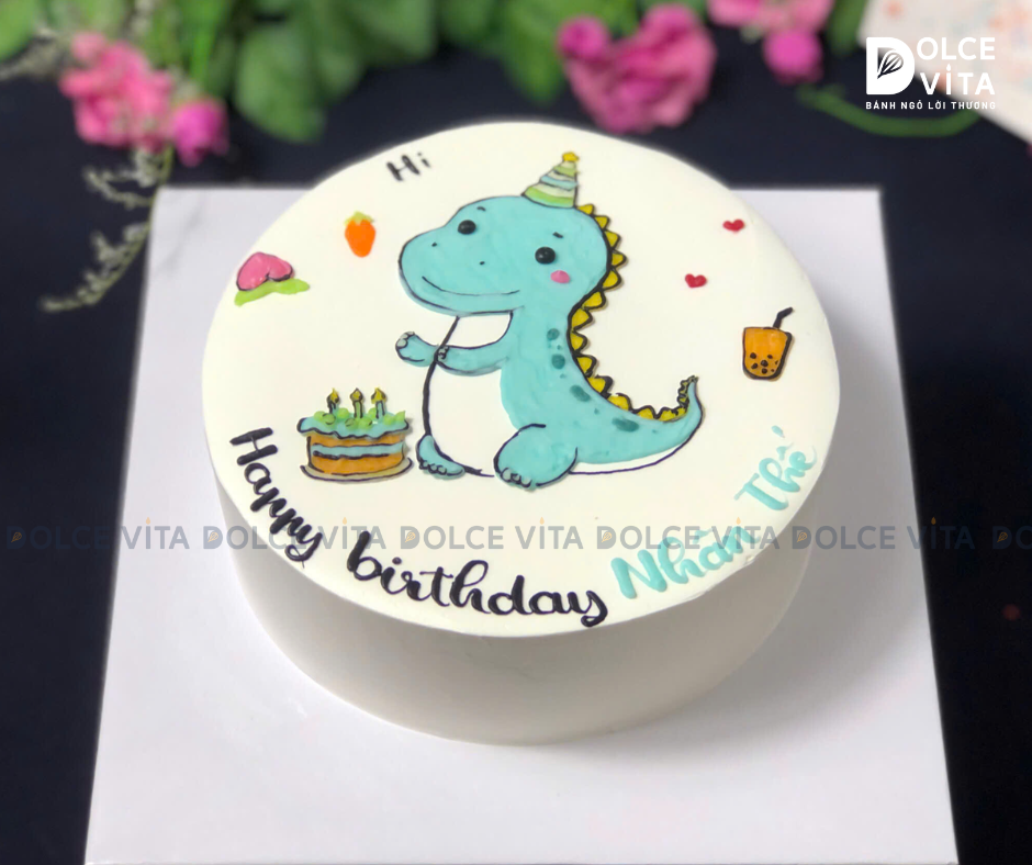 1069 (60) Bánh Vẽ Khủng Long Dễ Thương – Bánh Sinh Nhật Bé Trai, Bé Gái
