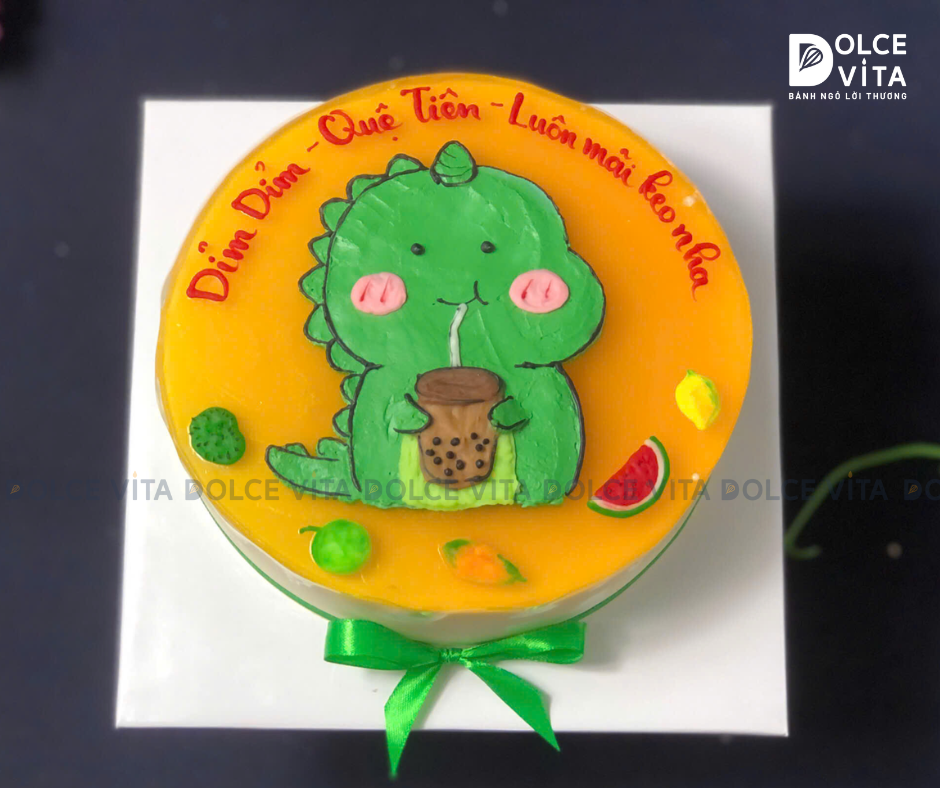 1121 (60) Bánh mousse chanh dây vẽ hình khủng long Xanh lá