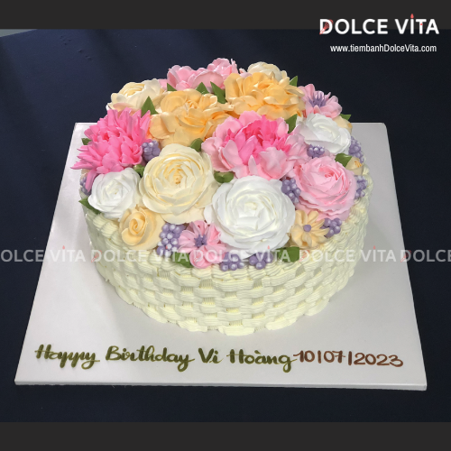 [156] (M120-180) Bánh Kem tạo hình Giỏ hoa tông hồng rực rỡ tặng phái nữ