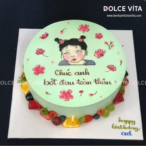 [1254] (70) Bánh Kem Vẽ Cô Gái Ngố Tàu Siêu Hài Hước