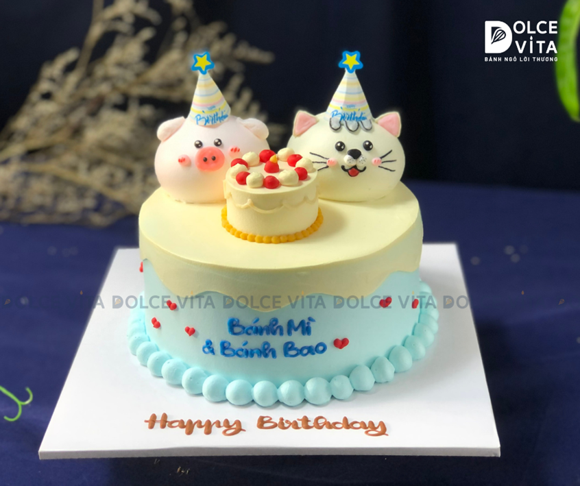 [1813] (140) Bánh Kem Tạo Hình Chú Heo & Chú Mèo – Sinh Nhật Đôi Đầy Vui Nhộn