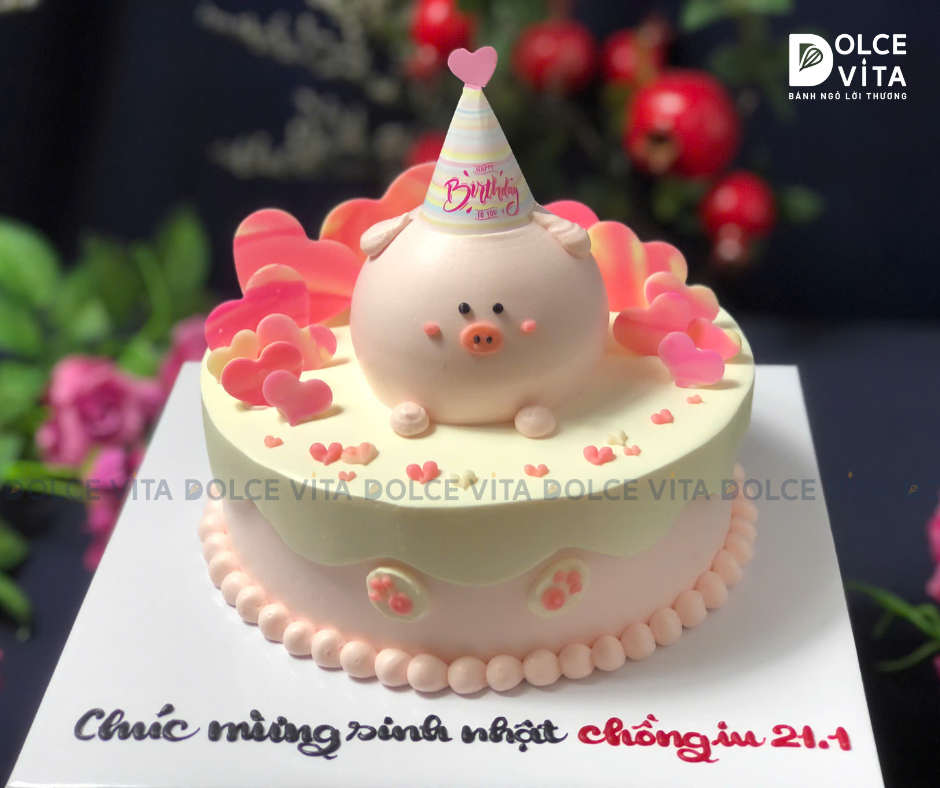 1038 (90) Bánh tạo hình chú heo tone màu hồng cho bé gái