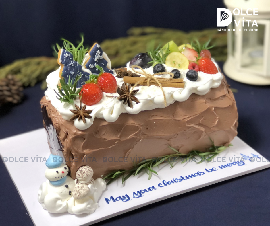 C045 Bánh khúc cây (Yule Log Cake for Christmas) trang trí cookie cây thông, người tuyết