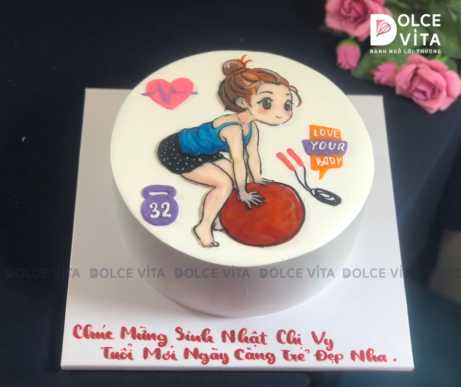[2997] (90) Bánh Kem Vẽ hình chủ đề Gym, Fitness – Lời Chúc Khỏe Đẹp & Cân Bằng