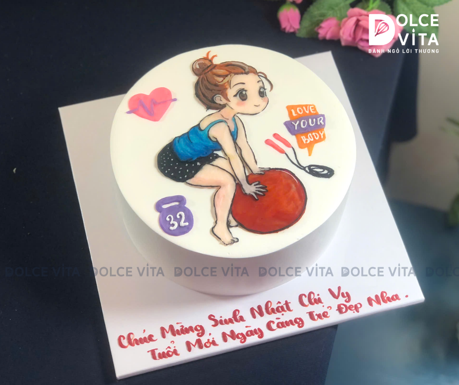 [2997] (90) Bánh Kem Vẽ hình chủ đề Gym, Fitness – Lời Chúc Khỏe Đẹp & Cân Bằng