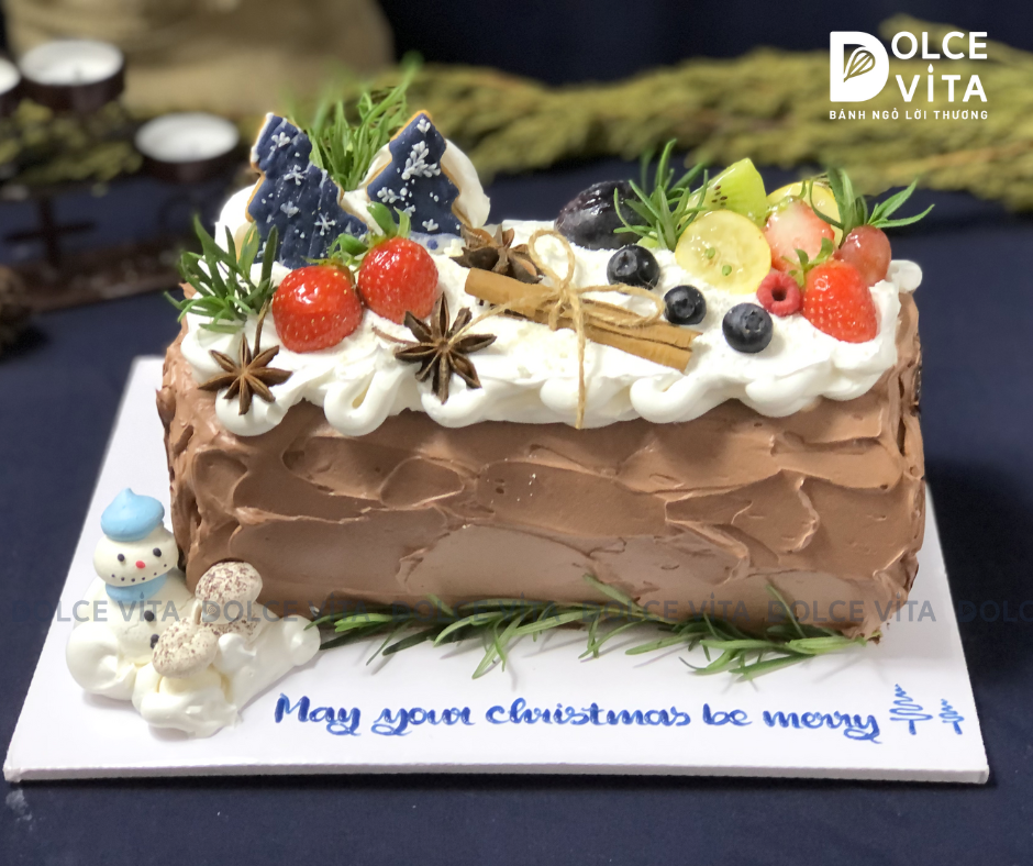 C045 Bánh khúc cây (Yule Log Cake for Christmas) trang trí cookie cây thông, người tuyết