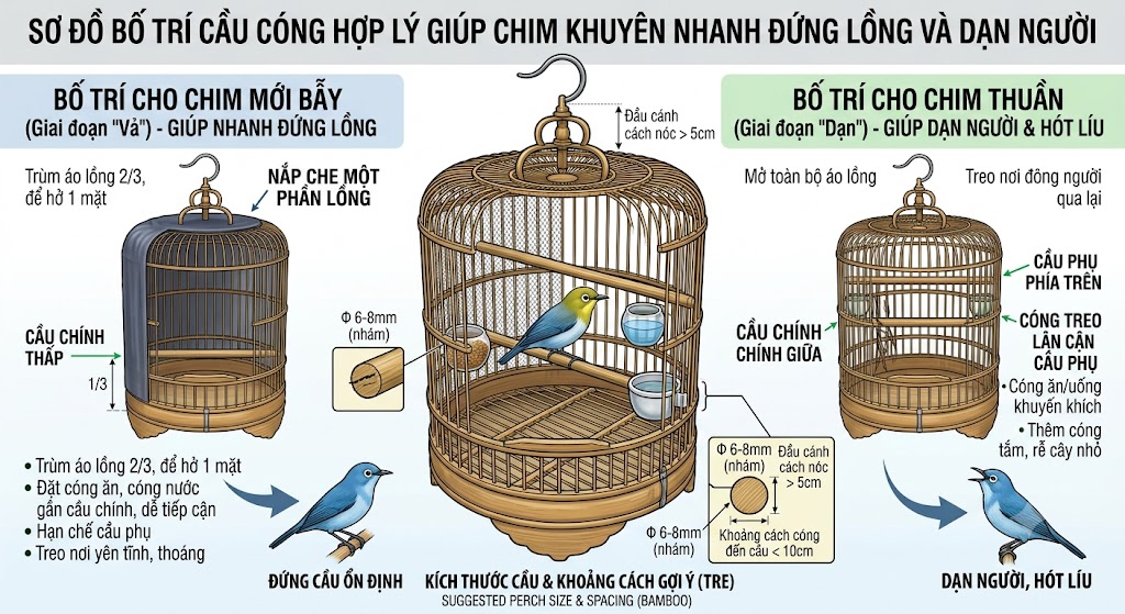 Cách Bố Trí Cầu Cóng Cho Khuyên Giúp Chim Nhanh Dạn Đứng Lồng Hiệu Quả