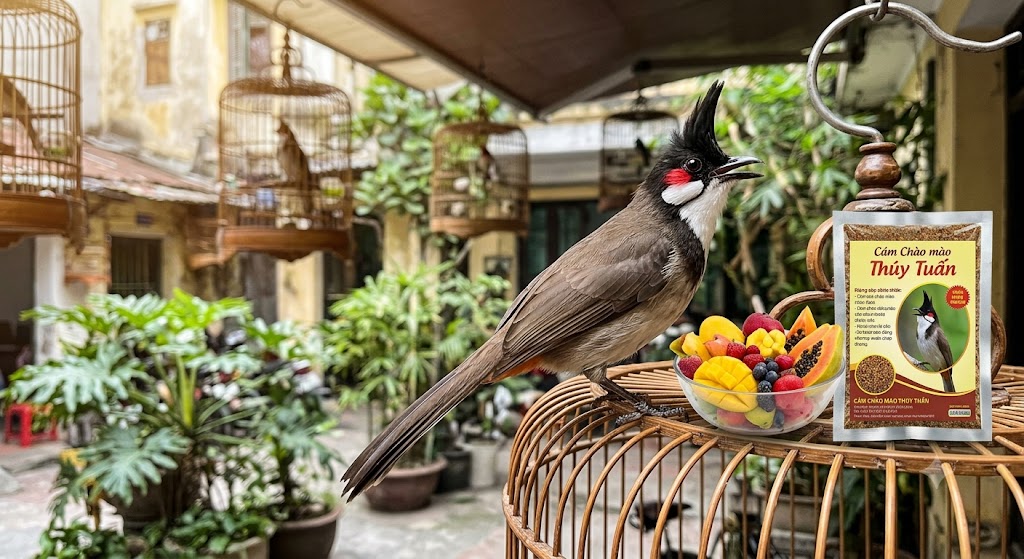 Bổ sung Cám Chào mào Thúy Tuấn kết hợp hoa quả tươi giúp chim mọc lại bộ lông đuôi mượt mà và căng lửa thi đấu