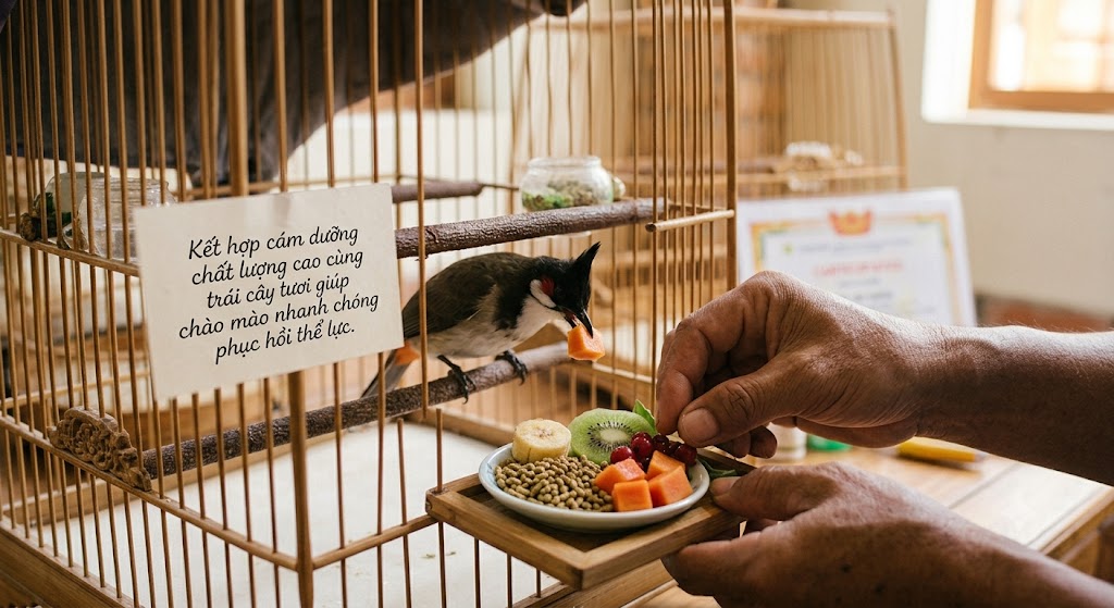 Kết hợp cám dưỡng chất lượng cao cùng trái cây tươi giúp chào mào nhanh chóng phục hồi thể lực.