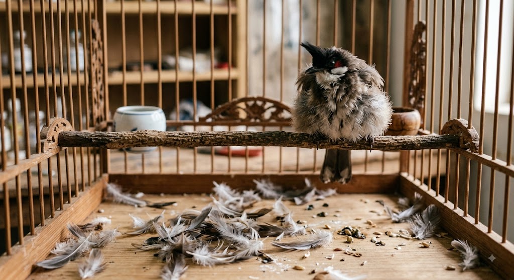 Chim chào mào đang trong giai đoạn thay lông tự nhiên, lông cũ rụng nhiều dưới đáy lồng