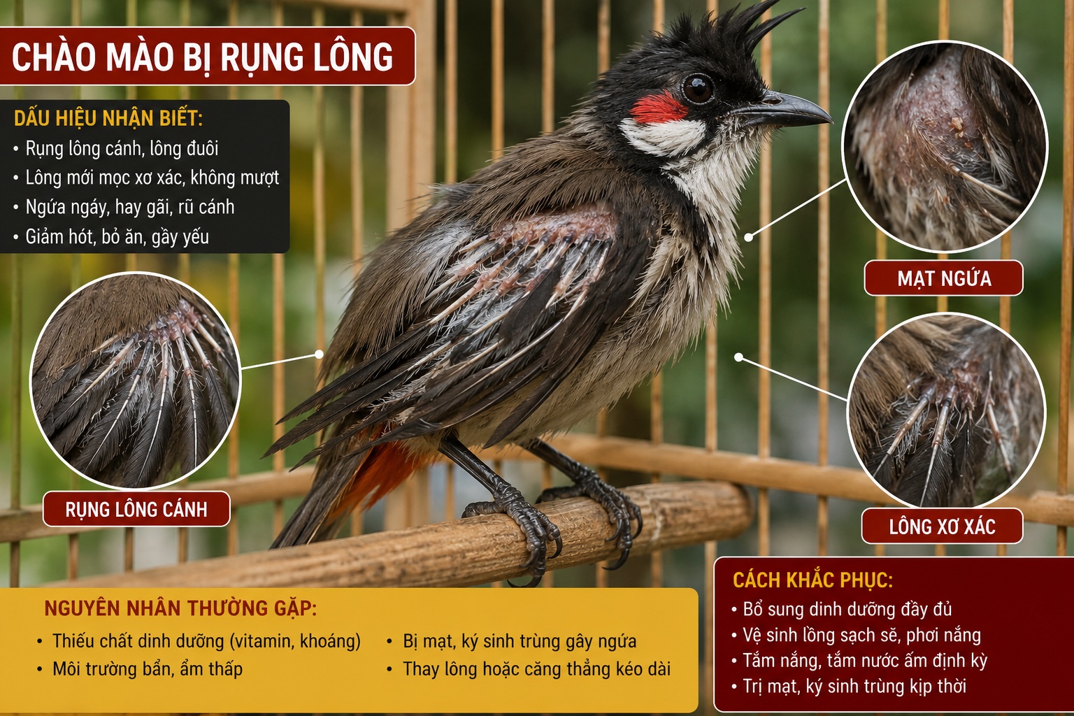 Chim chào mào bị rụng lông cánh, lông xơ xác do thiếu chất hoặc bị mạt ngứa.