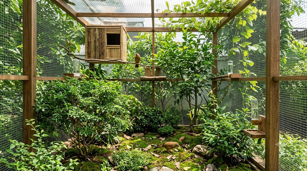  chuồng aviary nuôi họa mi sinh sản đạt chuẩn với nhiều cây xanh và góc khuất an toàn 