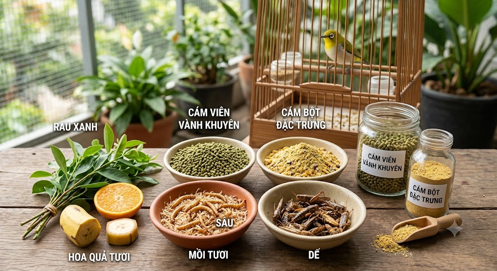 Hình ảnh các loại cám viên, cám bột chuyên dụng và mồi tươi cho chim Vành Khuyên.