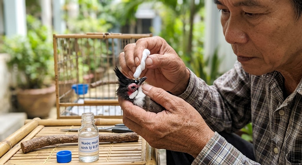 Kỹ thuật cầm giữ chim chào mào nhẹ nhàng khi vệ sinh vết thương đau mắt tránh gây sốc