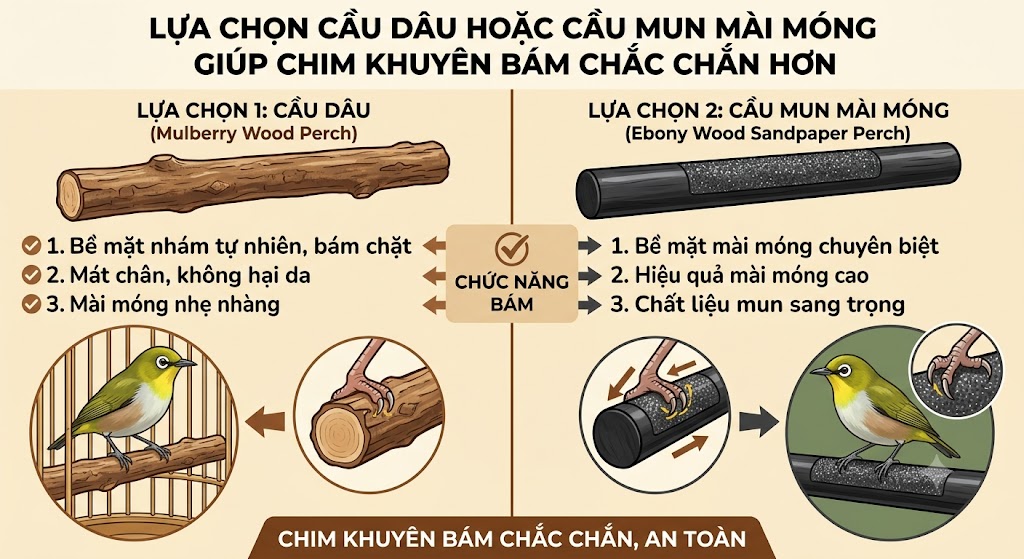 Lựa chọn cầu dâu hoặc cầu mun mài móng giúp chim khuyên bám chắc chắn hơn