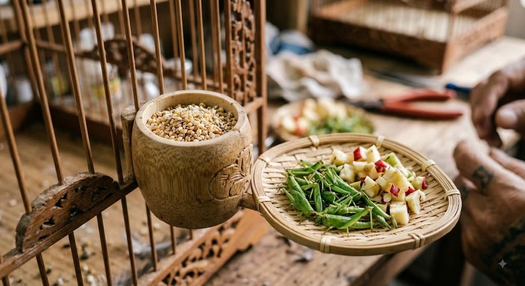 Nghệ nhân đang chuẩn bị cóng thức ăn gồm cám dưỡng và mồi tươi cho chim cảnh