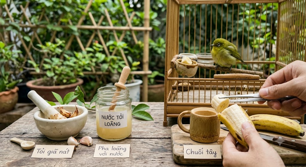 Phương pháp pha nước tỏi loãng và chuẩn bị chuối tây chữa tiêu chảy cho chim cảnh