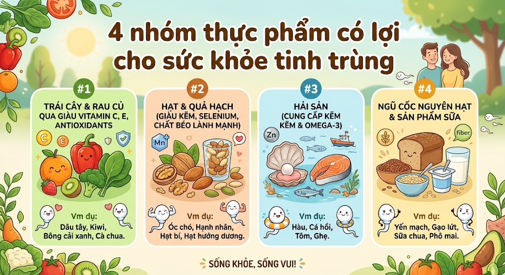 4 nhóm thực phẩm có lợi cho sức khỏe tinh trùng