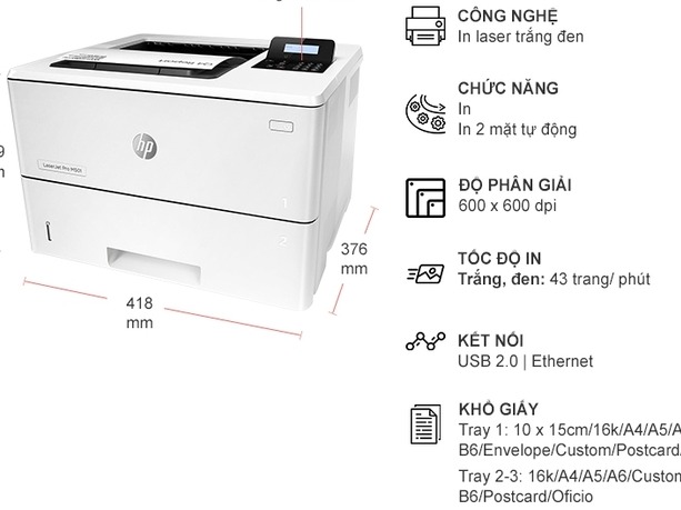 Máy in Laser đen trắng HP LaserJet Pro M501dn J8H61A (In đảo mặt, A4, USB, LAN)