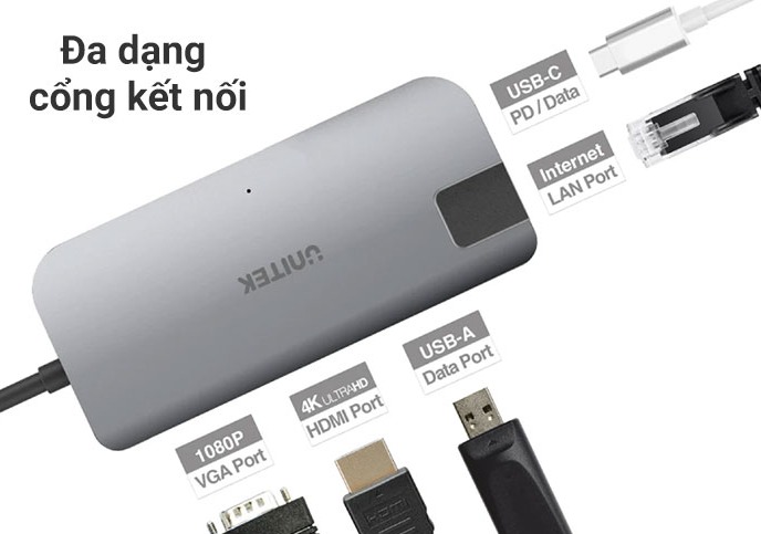 Bộ chia/ Hub Type-C -> HDMI +VGA+LAN Unitek Y-DK 09016 GY