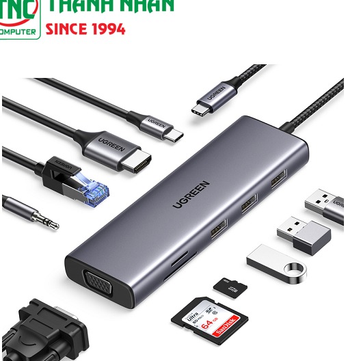 Bộ chuyển đổi USB Type-C sang LAN, HDMI, VGA, 3 x USB 3.0, Audio 3.5mm, SD/TF, sạc PD 100W Ugreen 15601