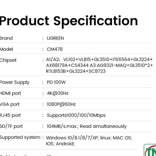 Bộ chuyển đổi USB Type-C sang LAN, HDMI, VGA, 3 x USB 3.0, Audio 3.5mm, SD/TF, sạc PD 100W Ugreen 15601