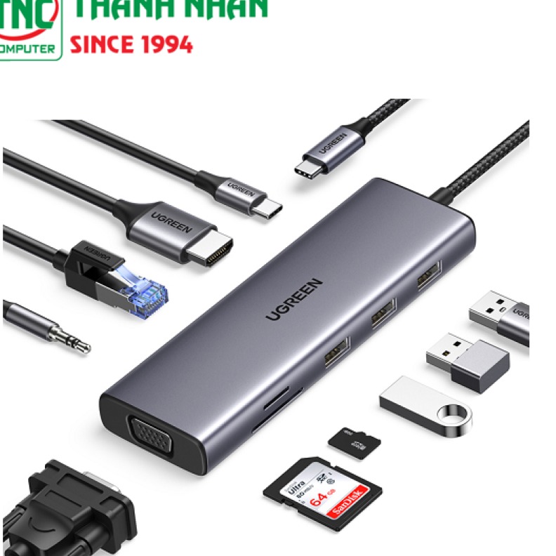 Bộ chuyển đổi USB Type-C sang LAN, HDMI, VGA, 3 x USB 3.0, Audio 3.5mm, SD/TF, sạc PD 100W Ugreen 15601