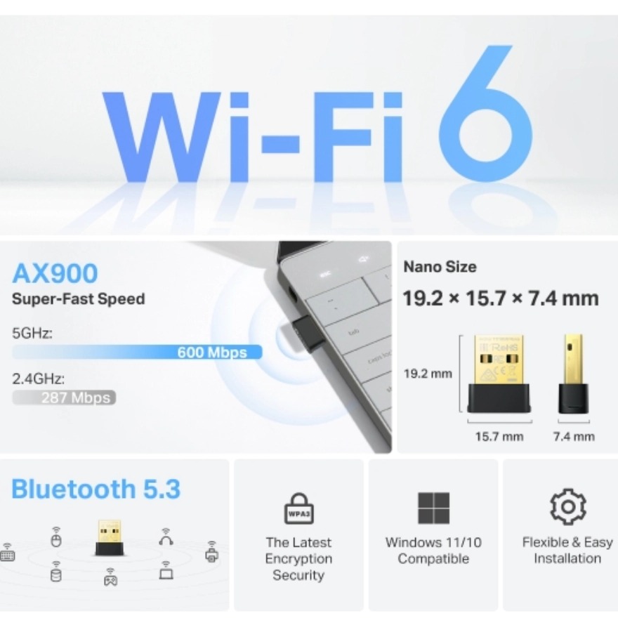 USB Wifi TP-Link Archer TX10UB Nano (887 Mbps/ Wifi 6/ 2.4/5 GHz/ Bluetooth 5.3)
